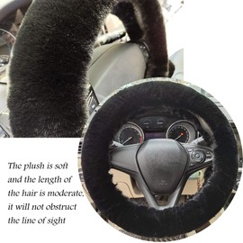 ZYNQACC 4PCS Set Fluffy Steering Wheel Covers with Handbrake Cover&Gear Shift Cover&Plush Keychain Faux Wool Furry Steering Wheel Cover For Women Auto Interior Universal Fit for 15 Inch (Black)