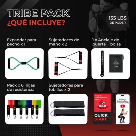 BOLD TRIBE Set Completo Tribe Pack Con 14 Piezas - 6 Ligas de Resistencia Tubulares - 155 Lbs de Resistencia Combinada - Gym en Casa, Cross Training y Rehabilitación - Ideal para Entrenamiento en Casa