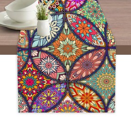 Table Runner Vintage Boho Mandala Flower Table Runners Summer Seasonal Kitchen Dinning Decor for Indoor Outdoor Holiday Home Wedding Party 13x70 Inch