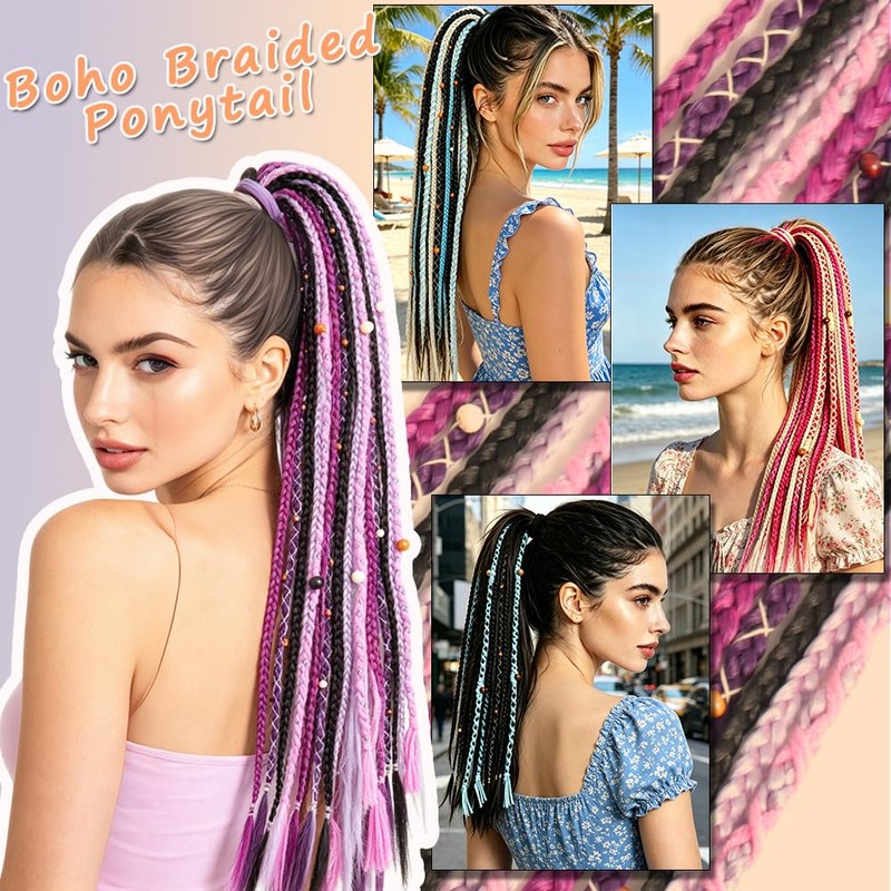 Boho Braided Ponytail Hair Extensions with Beads, 24" Viking Black
