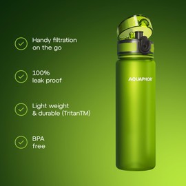 AQUAPHOR City Filtered Water Bottle in Tritan BPA-free - Portable with Integrated Water Purifying Filter 500 ml - Green