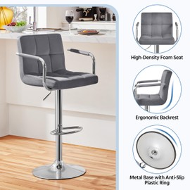 Yaheetech Velvet Bar Stools Set of 4, Adjustable Barstools with Armrest, Counter Height Stool Chairs with Thickened Seat Cushion for Kitchen Island, Dark Grey