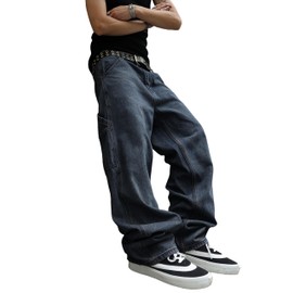 MZNBURAM Men's Y2K Hip Hop Baggy Jeans Loose Fit Wide Leg Denim Pants Casual Streetwear Trousers (40, B#Dark Blue)