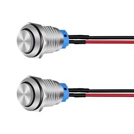 Powice 2 x 16 mm waterproof switch, 5 A/12 V pressure switch, self-locking stainless steel button switch, 12 V/230 V, suitable for horns, car bells, cars etc. with wire (protruding)
