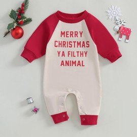 FIOMVA My First Christmas Baby Boy Girl Outfit Infant One Piece Jumpsuit Newborn Christmas Romper Fall Winter Clothes (D Merry Christmas Ya Khaki,0-3 Months)