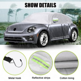 Half Car Cover Compatible with Volkswagen New Beetle 1998-2022, Silver All Weather Protection with Side Mirror Cover, Waterproof Top Roof Protector for Rain Hail Sunshine Protection