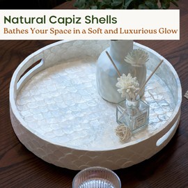 CHI AN HOME 12.6 Inch Capiz Round Decorative Tray, Decorative Serving Tray with Handles for Coffee Table, Kitchen Counter, Bathroom Vanity or Dining Table Centerpiece Tray, Modern Farmhouse Decor