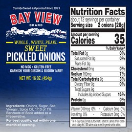 Bay View Pickled Onions, Whole Sweet Pickled Pearl Onions, Gibson and Martini Cocktail Garnish, Ready to Eat in Glass Jar (16oz)