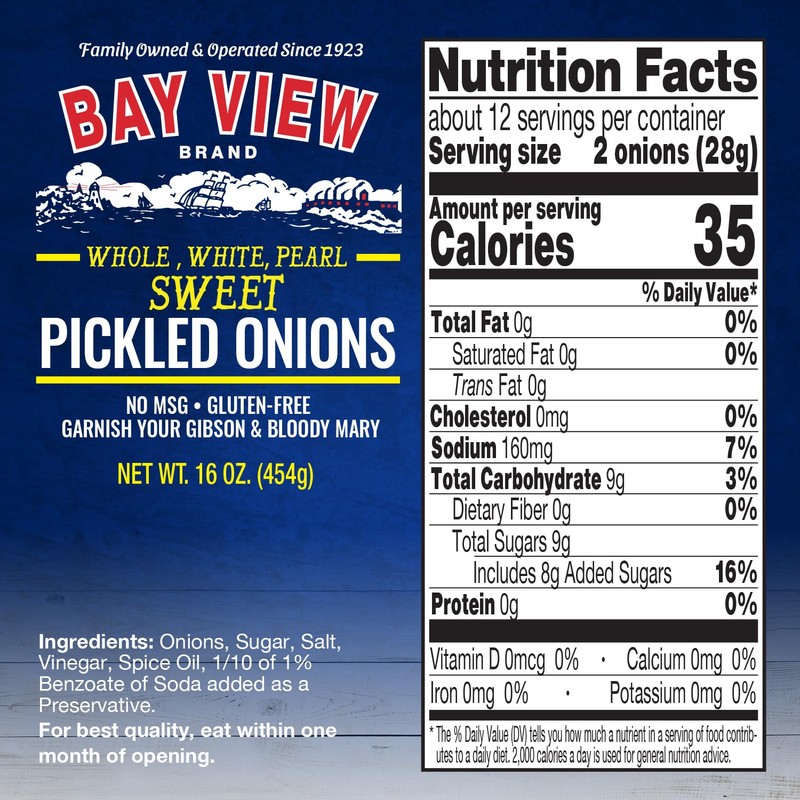 Bay View Pickled Onions, Whole Sweet Pickled Pearl Onions, Gibson