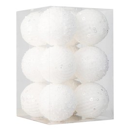 Christmas Tree Ornaments Set Hangings Foam Shiny Sequins Ball for Indoor Outdoor Holiday Party Decorations Supplies (White, 12Pcs)