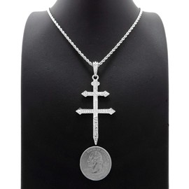 NYFASHION101 Imprinted Cross of Lorraine Pendant Pendant with 3mm Rope Chain Necklace, Silver-Tone, 24"