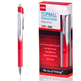 Cello Topball Grip Retractable Ballpoint Pens | Medium Point (1.0 mm) | Red Pens | Pack of 12 Biro