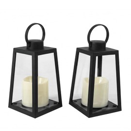 BAIRAYEN 2 Pack 8.6”Black Decorative Lanterns with Timer 6H,Battery Operated Flameless Candles, Realistic Flickering Warm White LED Candle, Decorative Lantern for Home Patio Garden