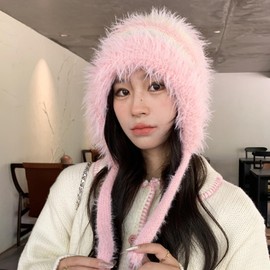 AWOCAN Women Fluffy Faux Fur Hat Winter Knitted Slouchy Beanie Cap Windproof Cover Ears Beanie Hat (AU, Alpha, Large, Pink)