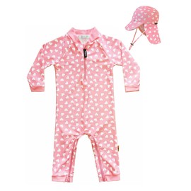 weVSwe Baby Girl Swimming Costume UV Protection One Ppiece with Toddler Sun Hat Flap Cap Pink Heart 6-12 Months