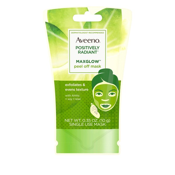 Aveeno Positively Radiant MaxGlow Peel Off Exfoliating Face Mask with Alpha Hydroxy Acids, Soy & Kiwi Complex for Even Tone & Texture, Non-Comedogenic, Paraben- & Phthalate-Free, 0.35 oz
