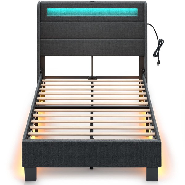 Rolanstar Bed Frame Twin Size with Headboard, Upholstered Platform Frame with LED Lights and USB Ports, Motion Activated Night Light & Solid Wood Slats, No Box Spring Needed, Dark Grey