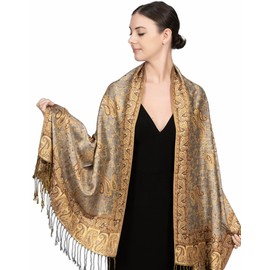 Achillea Soft Silky Reversible Paisley Pashmina Shawl Wrap Scarf w/Fringes (Grey Bronze)