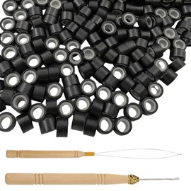 AOEVUIR 200 Stück Haarverlängerungen Ringe, Microring Extensions Echthaar, Haar Verlängerungen Perlen, Nanoringe mit Silikon, Perlengerät Werkzeugsätze mit Ziehenden Haken Nadel 5 mm Schwarz