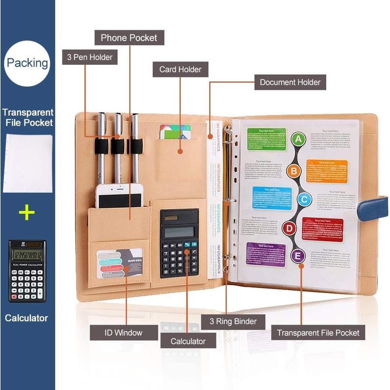 A4 Leather Padfolio with 3 Ring Portfolio Binder with Clipboard
