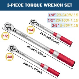 VANPO 1/4 3/8 1/2-inch Drive Click Torque Wrench, 3Pcs Torque Wrench Set 20-240 in.lb, 5-45 ft.lb, 20-160 ft.lb, Dual-Direction Adjustable 72-Tooth Torque Wrench for Bike, Moto, Car Maintenance