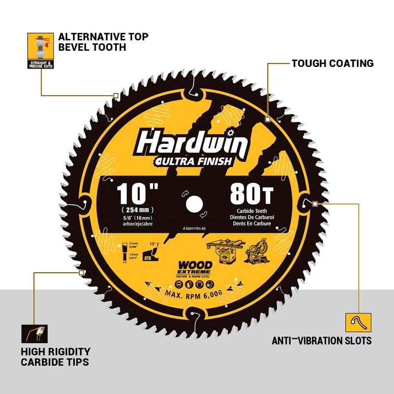 Hardwin 10-Inch 80-Tooth ATB Saw Blade, Carbide-Tipped 5/8 Arbor, Precision