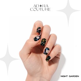 Adora Couture Semi Cured Gel Nail Strips |20pcs Glitter Velvet Colorful Flowers Black Glitter Glaze Nail Strips | Gel Nail Stickers with UV Light Required (Night Garden)