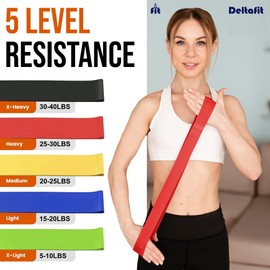 Deltafit Exercise Resistance Bands (5 Levels) - TPE Workout Loop Bands for Legs, Butt, Yoga & Pilates - Odourless & Skin-Friendly Home Gym Fitness Equipment with Travel Pouch