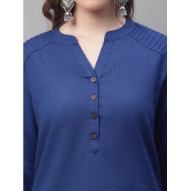 ladyline - Blusa casual para mujer, 100 % algodón, plisada, con hombros descubiertos, cuello plano, mangas enrollables, con botones, azul oscuro, 38