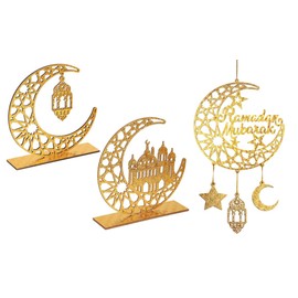 Kellegour 3 pcs Eid Mubarak Decorations,Ramadan Decorations for Home,Ramadan Mubarak Sign,Golden Moon Eid Mubarak Decoration Hang,for Islamic Muslim Table Indoor Decor Gifts(3 Style)