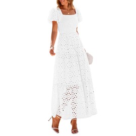 PRETTYGARDEN Summer Dresses for Women 2025 Eyelet Square Neck Puff Sleeve Smocked Wedding Guest Maxi Dress with Pockets (White,X-Large)