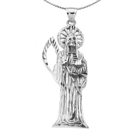 Santa Muerte (Grim Reaper) in Sterling Silver Pendant Necklace, 22"