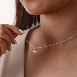 CZ Cross Necklace for Women Men Dainty 14k Gold Plated Cubic Zirconia Simulated Diamond Cross Pendant Necklace Faith Pendant Necklace Chain As Birthday Wedding Jewelry Gifts for Mom Father Daughter (Silver) Back to School