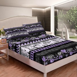 Juego de ropa de cama de Halloween, tamaño individual, diseño de telaraña, murciélago, calabaza, linterna, color morado, negro, blanco, retazos a rayas, gótico, decoración para niñas, niños, 3 piezas