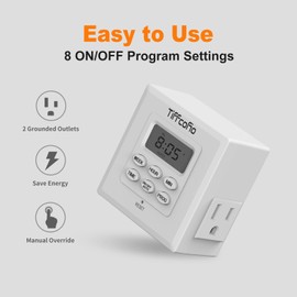 Tiffcofio Indoor Digital Light Timer, 7 Day Programmable Plug in Outlet Timer, 2 Grounded Outlets for Lamps and Indoor Lightings, ETL Listed