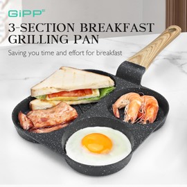 GiPP Non Stick Egg Pan - 3 Section Breakfast Frying Pan, 3-In-1 Divided Grill Pan with Heat-Resistant Handle, 7.9" Omelette Pan Compatible with All Stovetops, PFOA Free, Grey