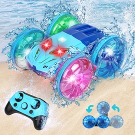 Amphibious Vehicle Remote Controlled Car, 4WD Toy Car with 7 Colour Lights, 2.4 GHz Double-Sided 360° Rotating RC Stunt Crawler with Headlights for 3-12 Years Christmas Birthday Gifts