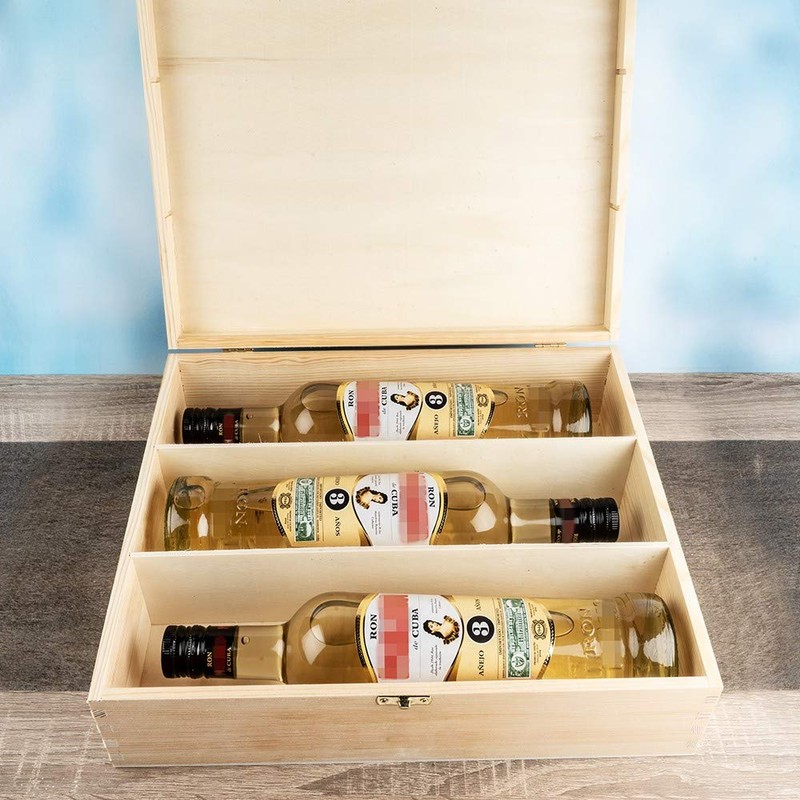 Wooden Wine Box with Lid 3 Inner Compartments 35cm x