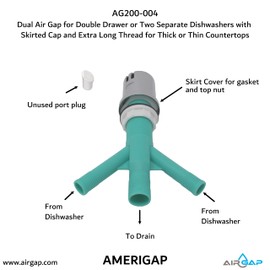 Dual Air Gap for Double Drawer or Two Separate Dishwashers with Skirted Cap and Extra Long Thread for Thick or Thin Countertops (AG200-004, AG200-001, T52, AMERIGAP)