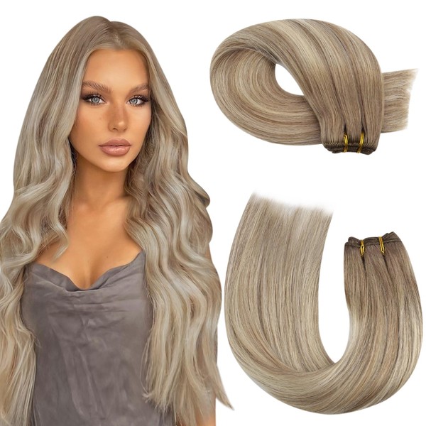 Moresoo Real Hair Wefts, 35 cm Weft Hair Extensions, Light Brown with Platinum Blonde, Remy Real Hair Wefts for Sewing In, 100 g, Double Weft Sew-in Real Hair Extensions for Thin Hair, No. 8/22/8