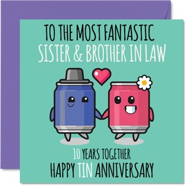 Cute Tin Anniversary Card for Sister & Brother In Law - 10 Years Together - Happy 10th Wedding Anniversary Cards for Brother In Law Sister, 5.7 x 5.7 Inch Greeting Cards for Tenth Anniversaries