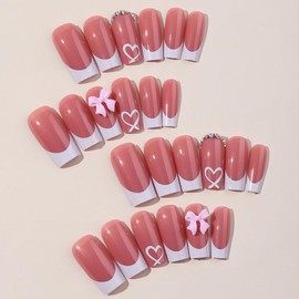 Press On Nails with Nail Glue, Butterfly Flower Bow Star Designed in Glue on Nails, Fake Nails, Short Square Almond Ballet Shape for Stick On Nails on 24PCS, White Bow Love