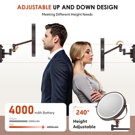 9" Wall Mounted Lighted Makeup Mirror,4000mAh Rechargeable Double Sided 1X/10X Magnifying Mirror with Light,3 Color Lights,Touch Dimmable,Extended Arm 360 Rotation Wall Mounted Makeup Mirror (Bronze)