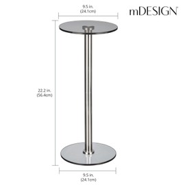 mDesign Glass Top Side/End Drink Table - Tall Modern Round Accent Metal Nightstand Furniture for Living Room, Dorm, Home Office, and Bedroom - 9" Round - Dark Smoke Gray/Chrome