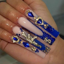 Buy 10 Get 10 Free! [Machine-Made] 24pcs Press-On Nails with Rhinestones & Flowers â€“ French Style Glue-On Nails for Women & Girls:_020