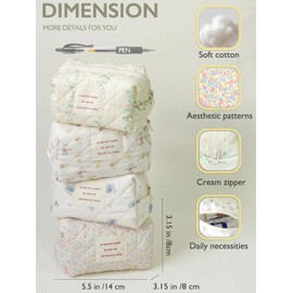 Sminra Floral Makeup Bag Cotton Quilted Small Cosmetic Bag Organizer, Cute Aesthetic Coquette Portable Zipper Pouch Toiletry Purse for Women Girls Travel accessories (Light Pink Purple Floral-S)