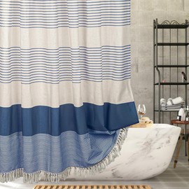 SHENGJUN Navy Blue Linen Look Shower Curtain – Rustic Boho Farmhouse Style for Bathroom Decor, Waterproof & Wrinkle-Resistant Fabric, 72"x72" with 12 Hooks