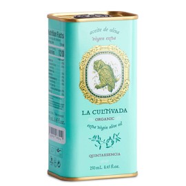 Organic Extra Virgin Olive Oil. Cold Pressed. Quintaesencia - Certified Organic by S.C. CAAE. Gold Medal Winning Oil. Blend of Arbequina, Hojiblanca and Picual. 500ml tin (GB-ORG-04)