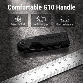 WORKPRO Folding Utility Knife with 10 Extra SK5 Blades, EDC Razor Sharp Knife with G10 Handle, Quick Change Box Cutter with Belt Clip, for Heavy Duty, DIY, Home, Office & Artcraft Use - Black