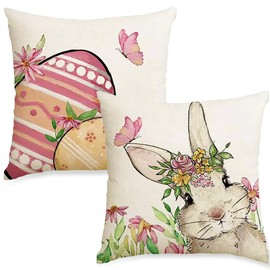 RUPOFUZA RUPOFUZA Happy Easter Pillow Covers 18x18 Double-Sided Eggs Bunny Spring Pillow Covers Case for Easter Decoration 2Pcs Pink Easter Decorations Indoor for Couch